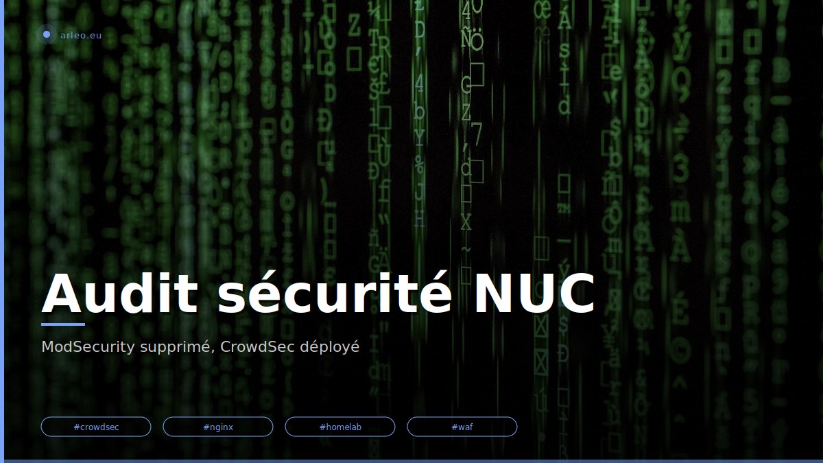 Audit complet de la stack sécurité d'un homelab NUC i3 : double inspection WAF supprimée, ModSecurity remplacé par CrowdSec AppSec seul. Résultat : -500 MB PSS nginx, zéro perte de sécurité. /images/audit-securite-modsecurity-featured.jpg