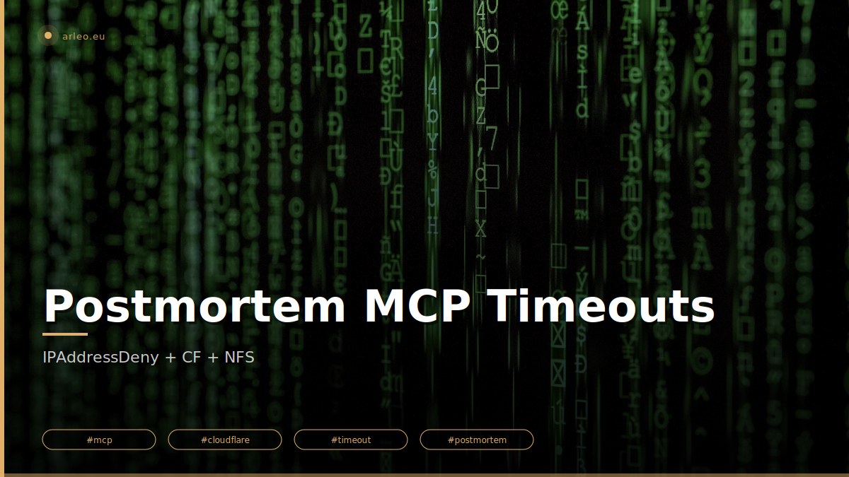3 timeouts successifs sur create_page côté Claude.ai : OAuth expiry, IPAddressDeny sans whitelist Cloudflare, NFS QNAP saturaté par les backups. La timing instrumentation comme outil de diag. /images/postmortem-mcp-timeouts-cloudflare-featured.jpg