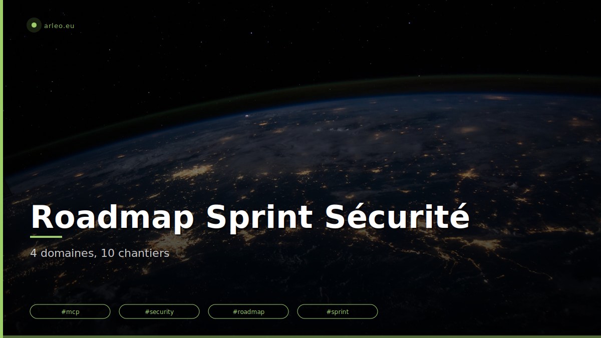 Sprint de hardening LIVRÉ le 9 mai 2026 sur l'infrastructure MCP d'arleo.eu : 10 chantiers en 4 domaines, 3 releases coordonnées (hugo-mcp v1.9.0, mcp-oauth-proxy v2.1.0, mcp-installer v1.3.0). Page d'archive. /images/roadmap-sprint-securite-mcp-featured.jpg