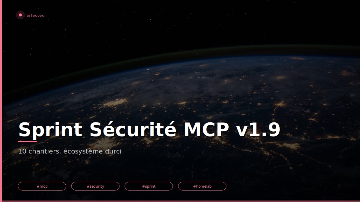 Sprint de hardening livré le 9 mai 2026 sur arleo.eu MCP : C1-C10 complets en une session, hugo-mcp v1.9.0 publiée. Recap victoire + zoom sur 2 chantiers pédagogiques (TLS interne, token rotation). /images/sprint-securite-mcp-livre-featured.jpg